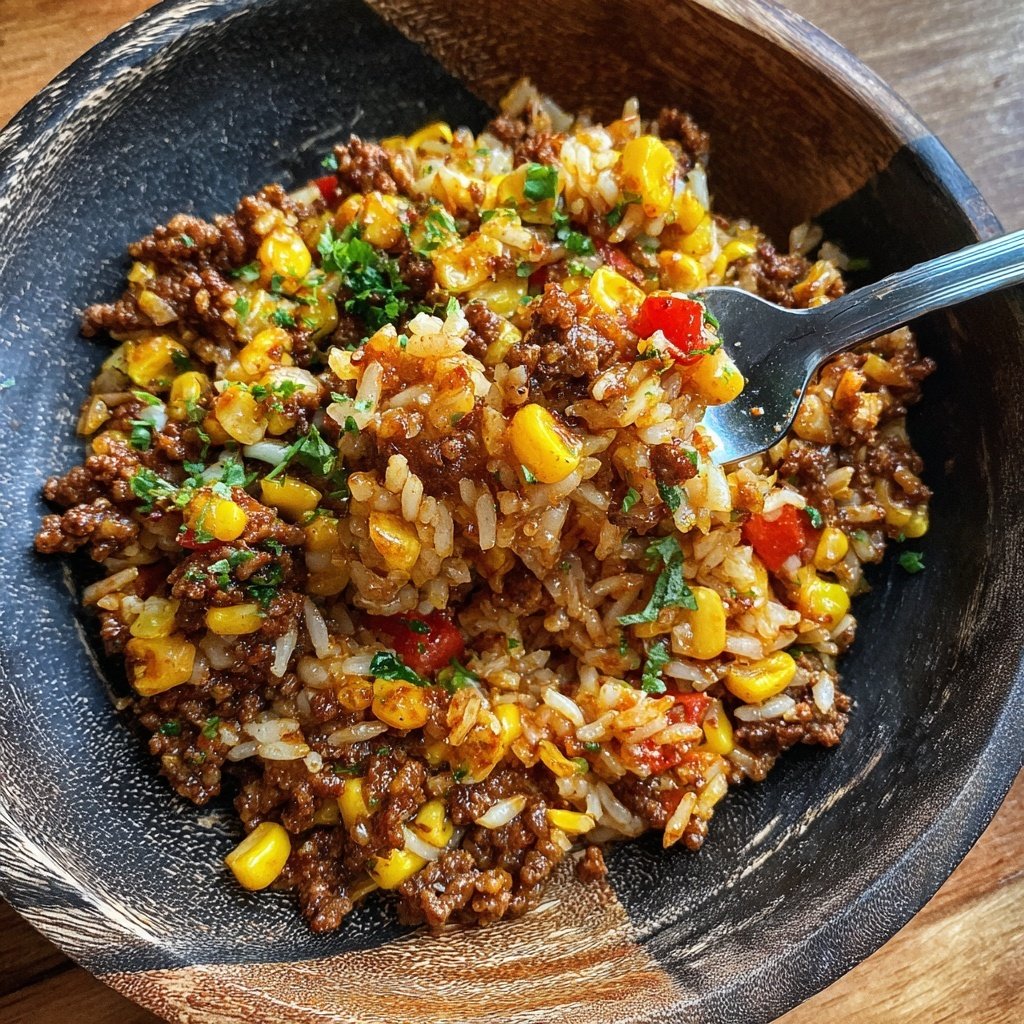 Ground Beef And Sweet Corn Rice Bowl